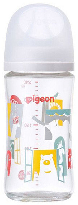 pigeon 貝親 實感哺乳玻璃奶瓶 3個月以上, 動物園版 透明色, 240ml, 1個