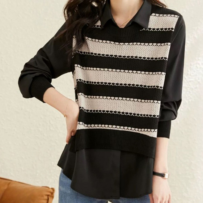 ATTERLIC 女款翻領條紋假兩件背心長袖襯衫 03398