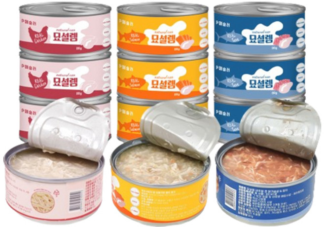 페슬러 고양이 묘설렘 간식 내추럴 캔, 혼합맛(닭가슴살/참치/연어), 12개, 80g
