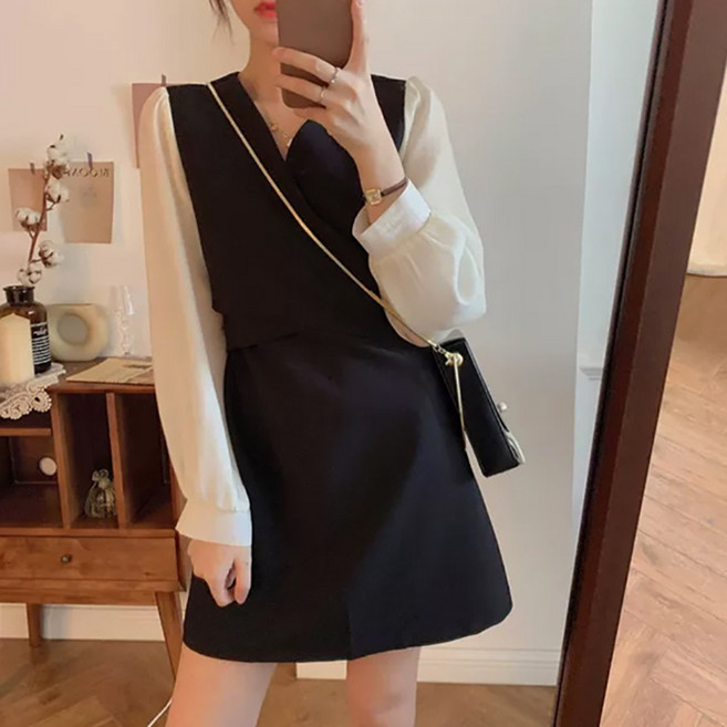 PEONIST 婚禮穿搭泡泡袖迷你連身裙, 黑色