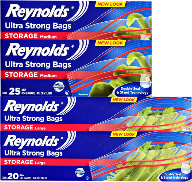 Reynolds 雷諾茲 雙重鎖扣冷藏保鮮夾鏈袋 中型 25入 x 2個 + 大型 20入 x 2個 組合, 混合, 1套