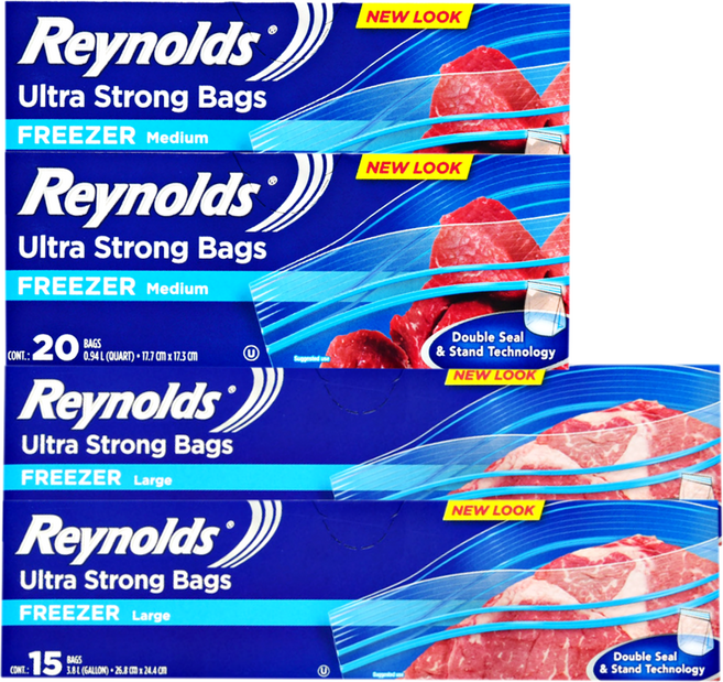 Reynolds 雷諾茲 雙重鎖定冷凍夾鏈袋 中型 20入 x 2個 + 大型 15入 x 2個 組合, 1套, 混合