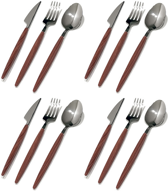 우드핸들 스텐 커트러리 양식기 3종 세트, 브라운, 스푼 4p + 포크 4p + 나이프 4p, 4세트