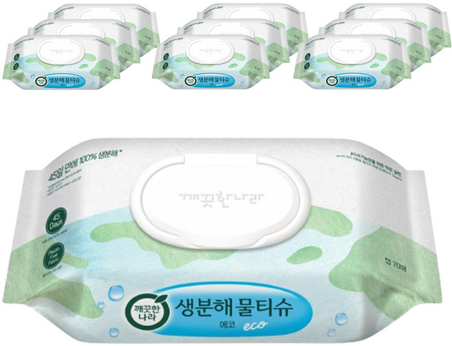 깨끗한나라 생분해 물티슈 에코 캡형, 70매, 10개