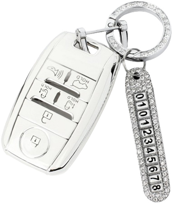 지엠지모터스 기아 6버튼 키홀더 열쇠고리 TPU 케이스 + 전화번호 스트랩, 크림화이트(키케이스), 실버(스트랩), AK-03