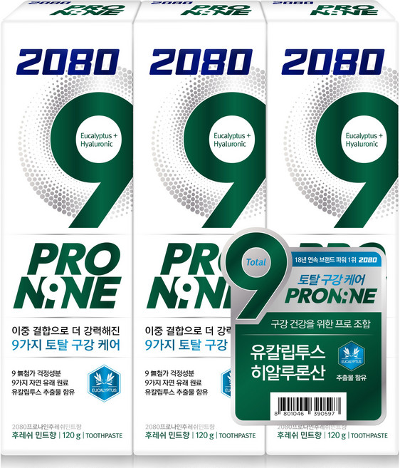 2080 프로나인 후레쉬 민트향 치약, 120g, 3개