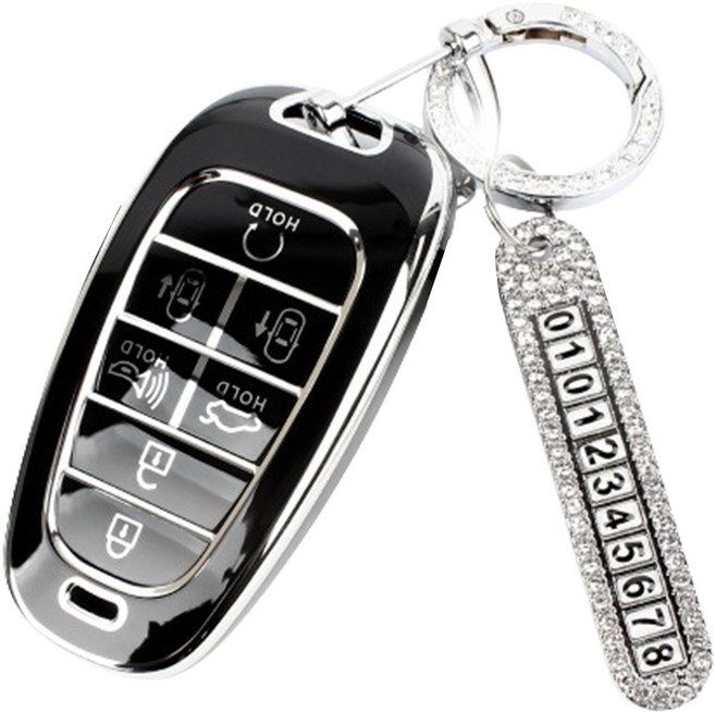 지엠지모터스 현대 7버튼 키홀더 열쇠고리 TPU 케이스 + 전화번호 스트랩, 블랙(키케이스), 실버(스트랩), AH-07