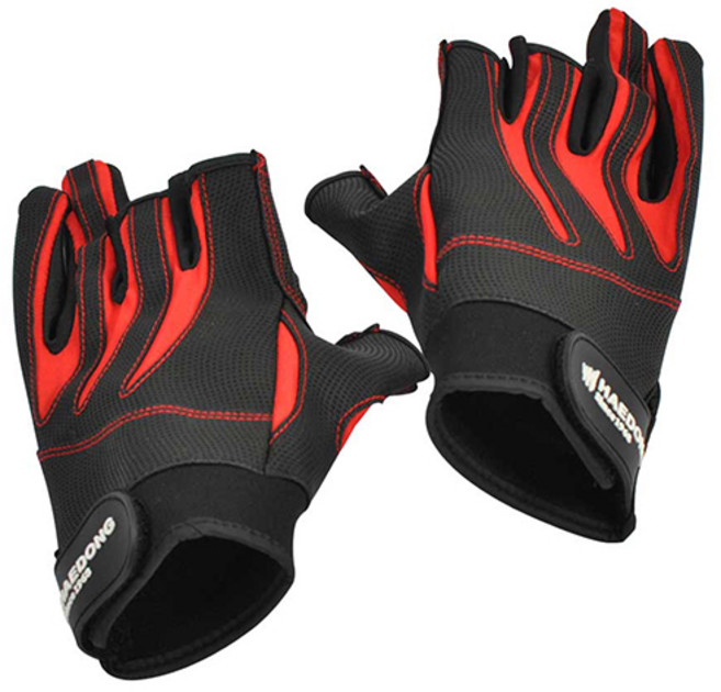 해동 매쉬 3컷 피싱글러브 양손 세트, 블랙 + 레드, 1세트