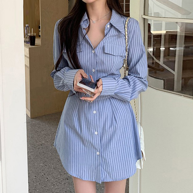 비비에모 스트라이프 벨티드 셔츠 + 반바지 세트