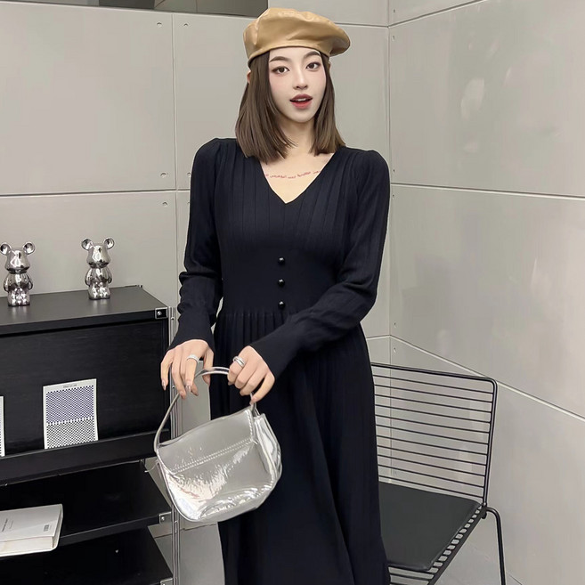 더시럽 여성용 빈티지 무드 니트 원피스