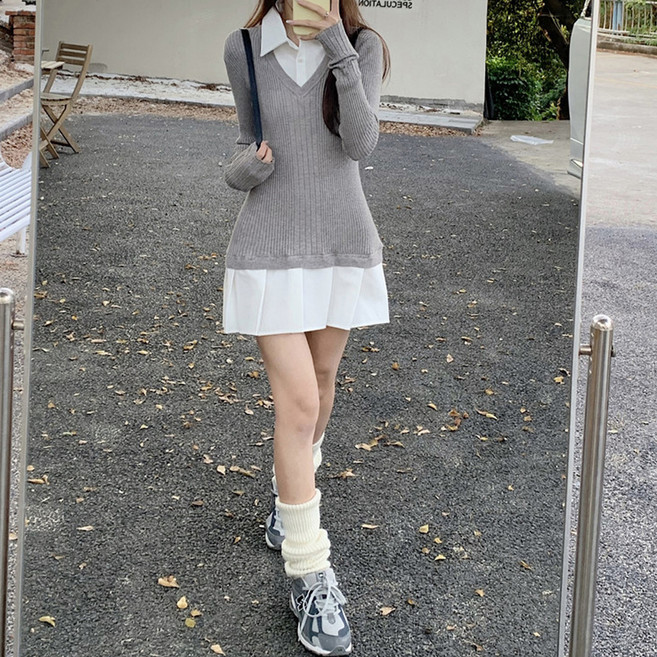 메이첼 카라넥 페이크 투피스 미니 플리츠 원피스 04773