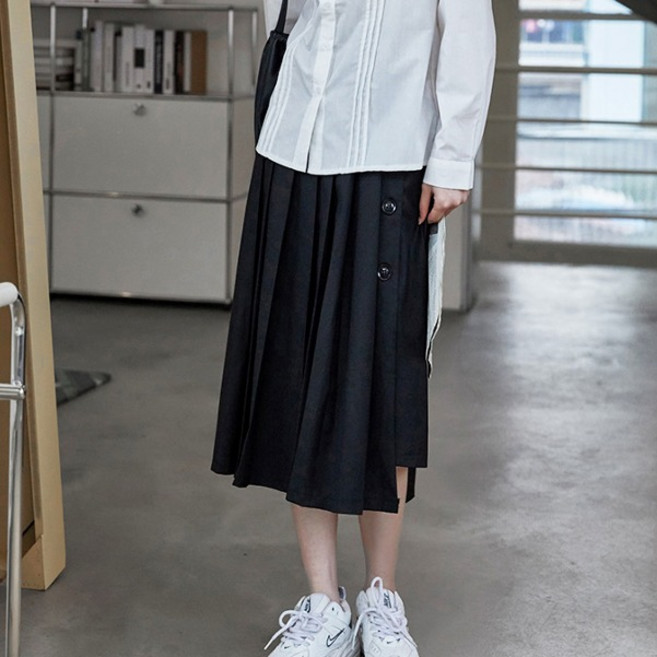 메이첼 심플 플리츠 사이드 버튼 미디 스커트 04815