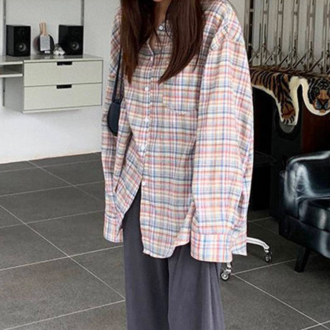 MEICHEL 女款休閒彩色格紋寬鬆版襯衫 04793