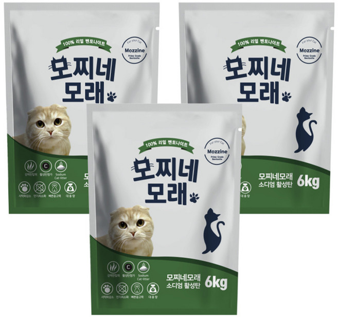 모찌네 응고형 활성탄 소디엄 벤토나이트 고양이 모래, 6kg, 3개, 무향