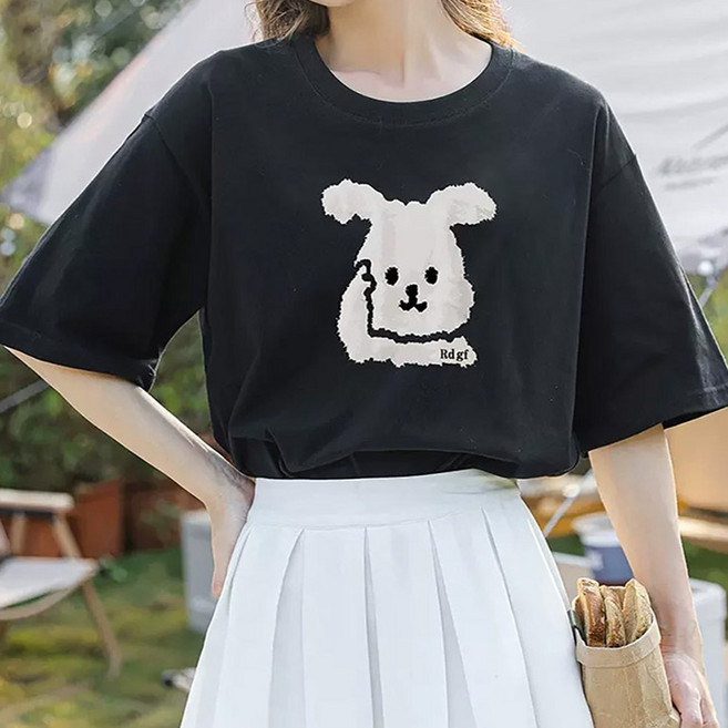 메이첼 여성용 통기성 루즈핏 퍼피 프린팅 반팔 티셔츠 04904