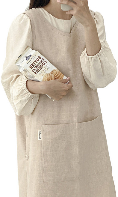 한스데이 국내 제조 10수 단추형 앞치마, 라이트베이지, 1개