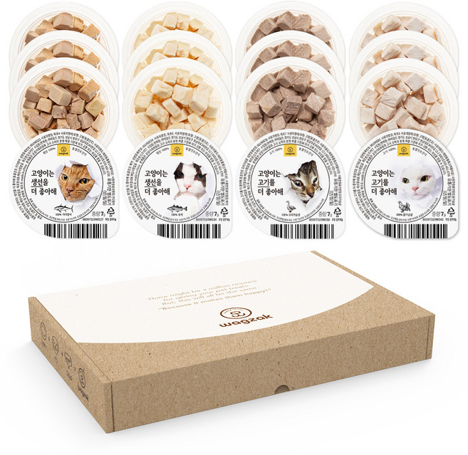 와그작 반려동물 고양이는 더 좋아해 동결건조간식 선물 4종 x 3p 세트, 혼합맛(가다랑어/북어/닭가슴살/오리가슴살), 84g, 1세트