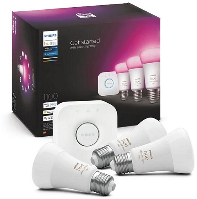 필립스휴 화이트 앤 컬러 앰비언스 스타터킷 1100루멘 전구 9W 3p + 브릿지 세트, RGB, 1세트