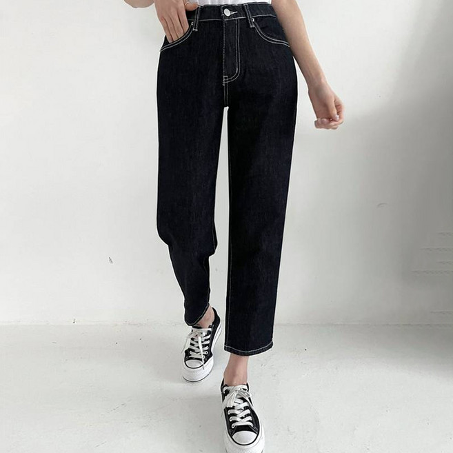 플랜데이 여성용 논페이드 생지 보이핏 스판 데님 팬츠 미디움