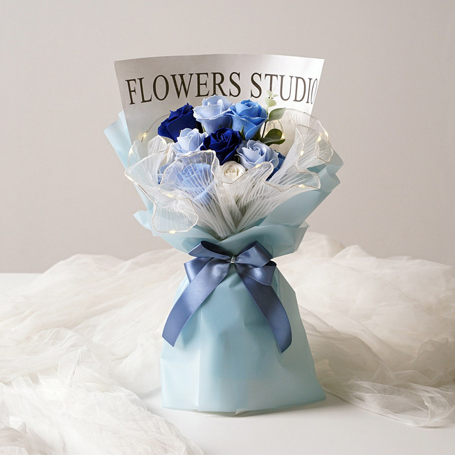 morningscent 비누꽃 조명 꽃다발 + 캡 8p + 빨대 8p 세트, 블루, 1개