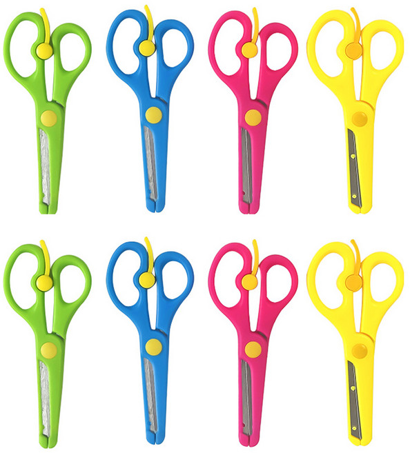 동아피엠에스 플라스틱 둥근 가위 4종 x 2p, 그린 + 블루 + 핑크 + 옐로우, 1세트