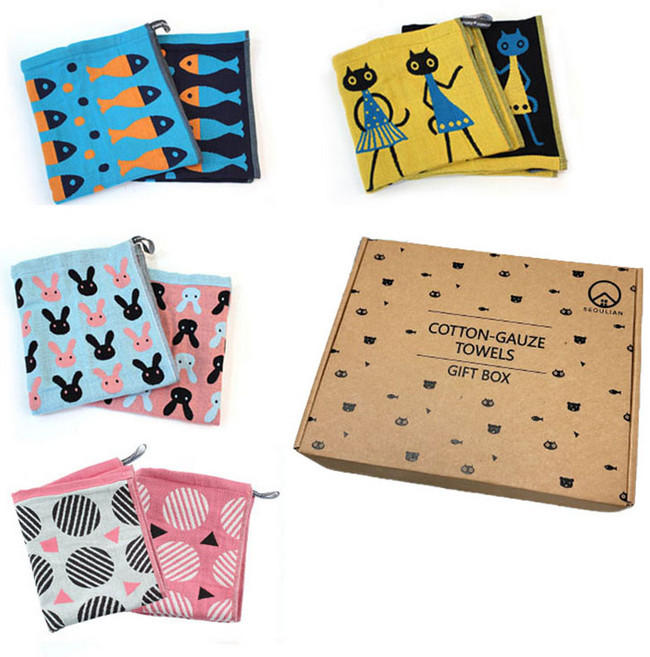 선우랜드 거즈행주 물고기 + 고양이 + 토끼 + 완두콩 + 선물상자 세트, 1세트