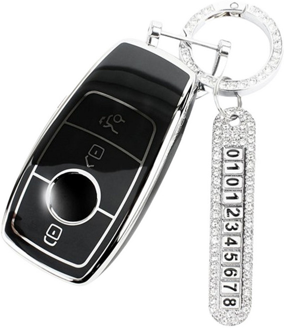 지엠지모터스 벤츠3버튼 키홀더 열쇠고리 TPU 케이스 + 전화번호 스트랩, 블랙(키홀더), 실버(전화번호 스트랩)