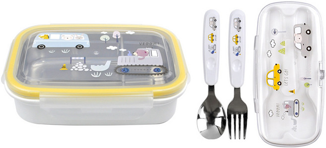 키친유 아동용 붕붕 이중 스텐 칸칸 런치박스 + 미니 스푼 포크 세트, 혼합색상, 1세트