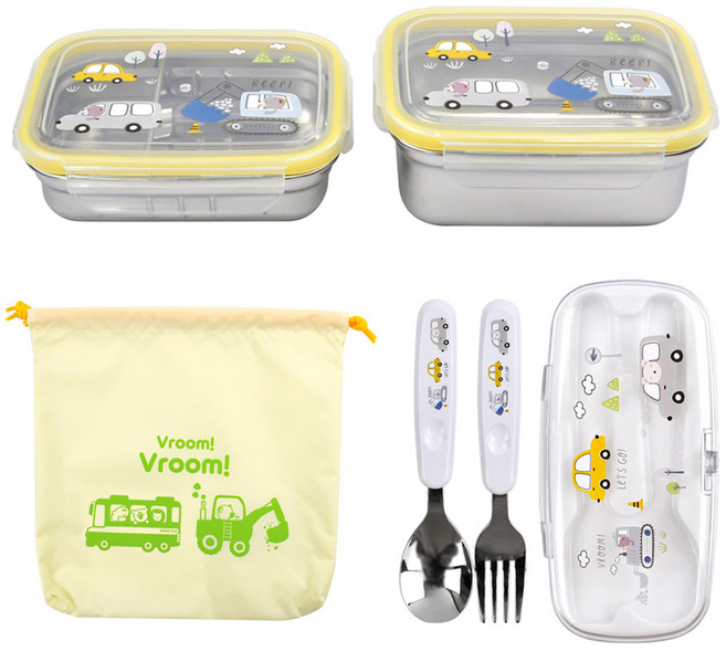 키친유 아동용 붕붕 스텐 사각 2단 도시락 + 가방 + 미니 스푼 포크 세트, 혼합색상, 1세트