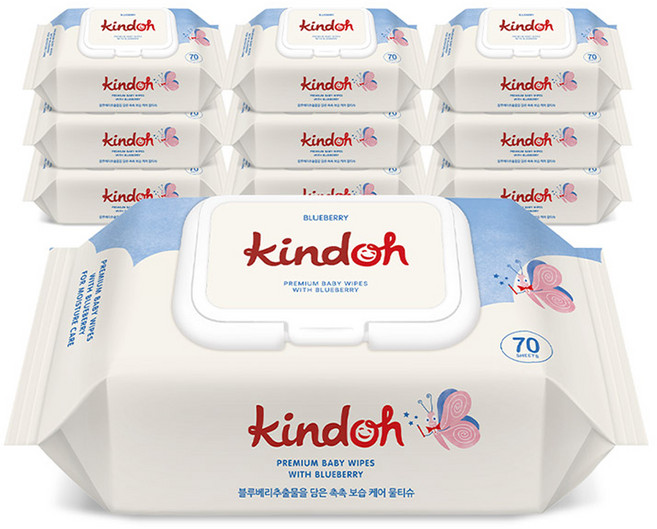 킨도 프리미엄 블루 아기물티슈 캡형, 65g, 70매, 10개