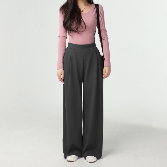 Cotton Closet 女款寬版褶飾鬆緊帶西裝褲