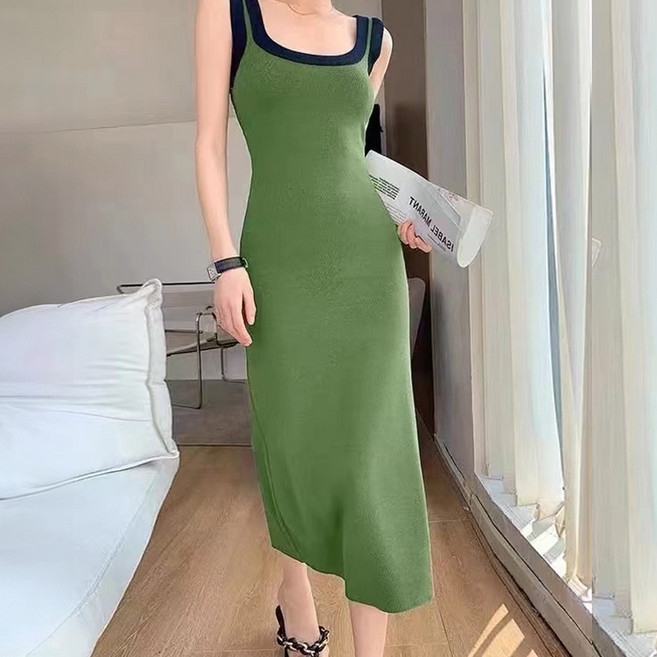 엘쏘 나시 끈 배색 슬림 미디 원피스