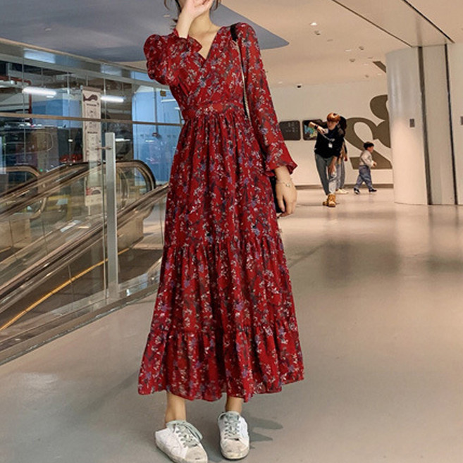 엘쏘 스프링 플라워 브이넥 롱 원피스 빅사이즈 포함