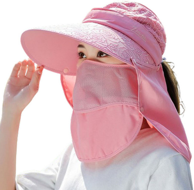 엔젤야옹 자외선차단 꽃무늬 4단 햇빛가리개 모자, 연핑크