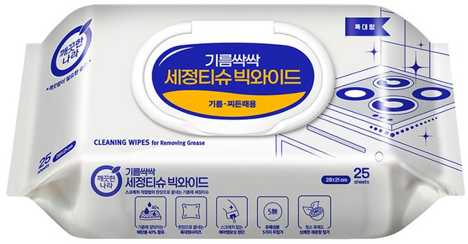 깨끗한나라 기름싹싹 세정티슈 빅와이드 25매, 1개