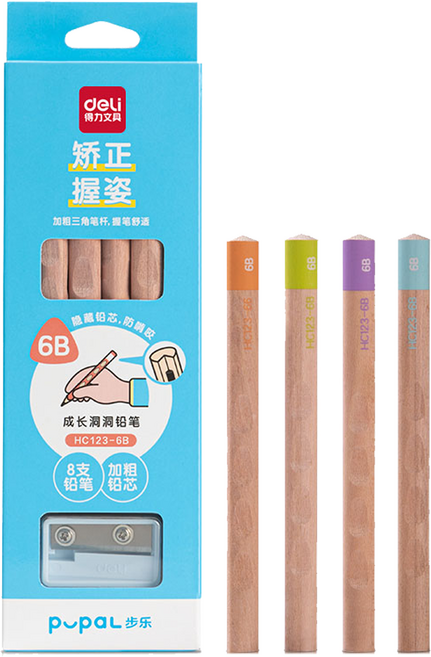 델리 점보 교정연필 6B 8자루+미니 점보연필깎이, 랜덤 발송, 1세트