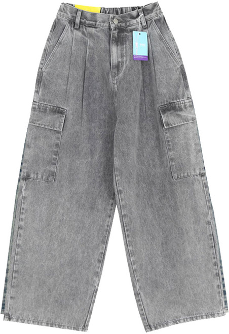 플랜데이 여성용 빈티지 투핀턱 카고 뒷밴딩 데님 와이드 팬츠