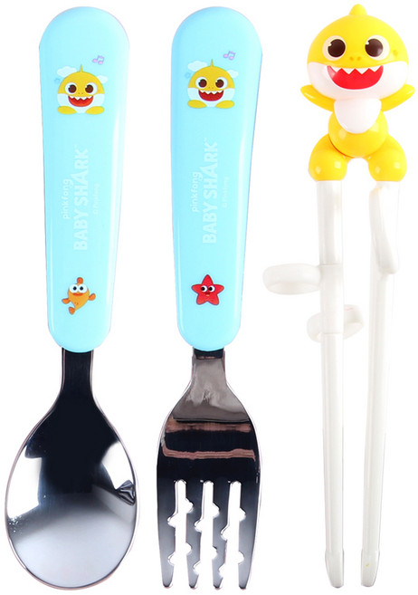 aizoum Pinkfong 鯊魚寶寶 嬰兒湯匙叉子組, 混合顏色, 1套, 湯匙 + 叉子 + 筷子