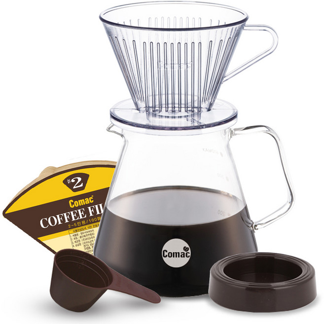 코맥 SAN수지 커피 드립 세트 G8 / D2 / FB2 / J1 / J2, SAN수지 드리퍼 2 + 유리서버 600ml + 커피 여과지 2 + 커피 계량스푼 + 드리퍼 받침대, 1세트