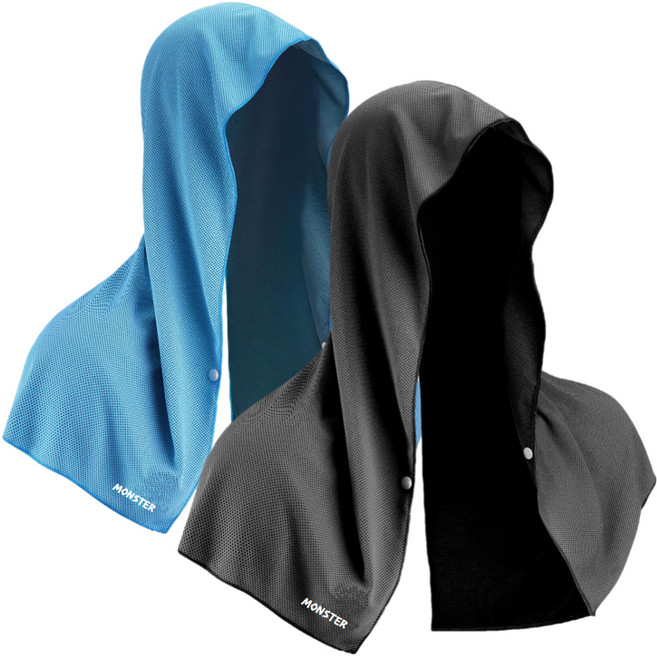몬스터 쿨링 후드 타월 2종 세트 60 x 29 cm, 블랙 + 블루, 1세트