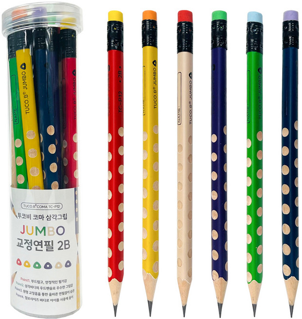 투코비 코마 삼각그립 점보 2B 교정연필 TC-P12, 혼합색상, 12개