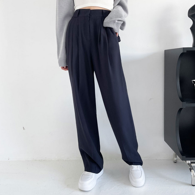 플랜데이 여성용 뒷밴딩 쓰리핀턱 롱 와이드 슬랙스