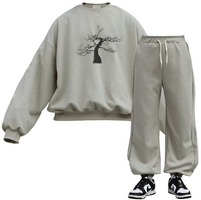 이지스튜디오 W 스트롱코튼 트리실루엣 벌룬핏 맨투맨 + 조거 팬츠 트레이닝 세트