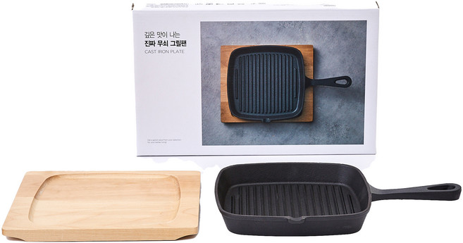 모던하우스 깊은 맛이 나는 진짜 무쇠 그릴팬 + 나무받침 세트, 20cm, 1개