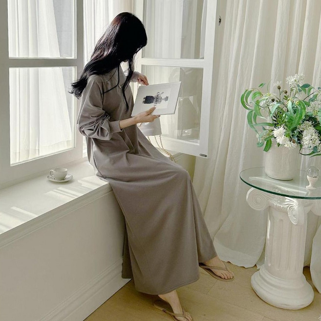 saystyle 女款開襟長袖拉克蘭寬鬆長版連身裙, 卡其色