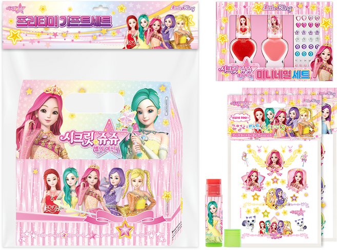 Little Bling 秘密Jouju 星之女神 普莉蒂米禮品組, 1套, 紙手提袋 + 迷你指甲油2款 + 紋身貼紙2款 + 秘密Jouju護唇膏 紅色