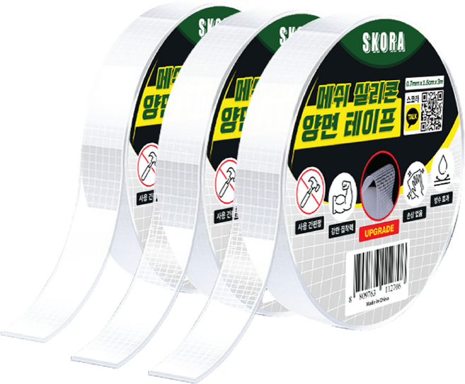 스코라 강력 메쉬 실리콘 다용도 양면 테이프 15mm x 3m, 3개
