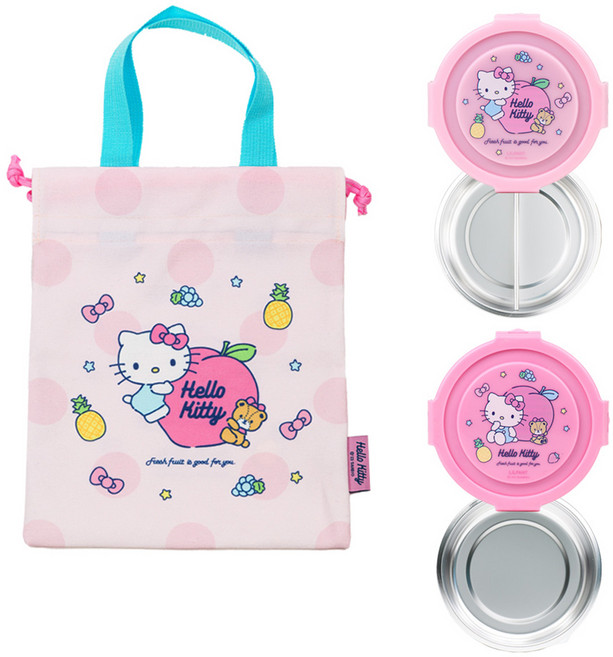 릴팡 산리오 원형 락스텐 2단 도시락 조리개 세트 헬로키티, 혼합색상, 1개