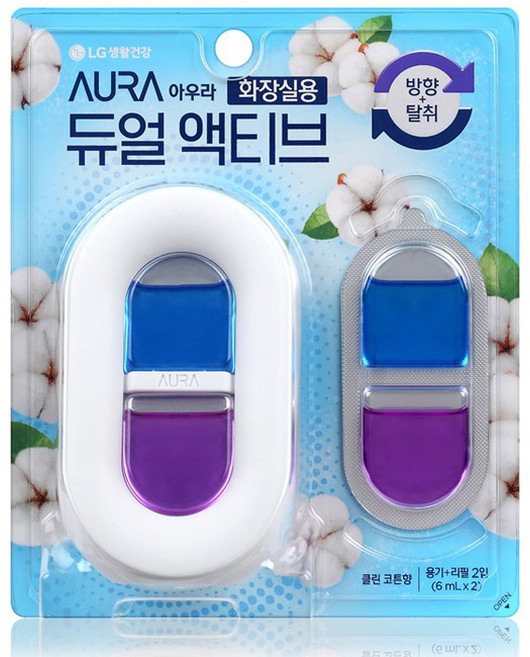 아우라 듀얼 액티브 화장실 방향제 클린코튼향 용기 + 리필 2p 세트, 12ml, 1세트