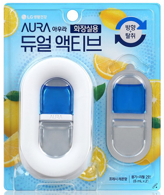 아우라 듀얼액티브 화장실 방향제 프레시 레몬향 용기 + 리필 6ml x 2p 세트, 1세트